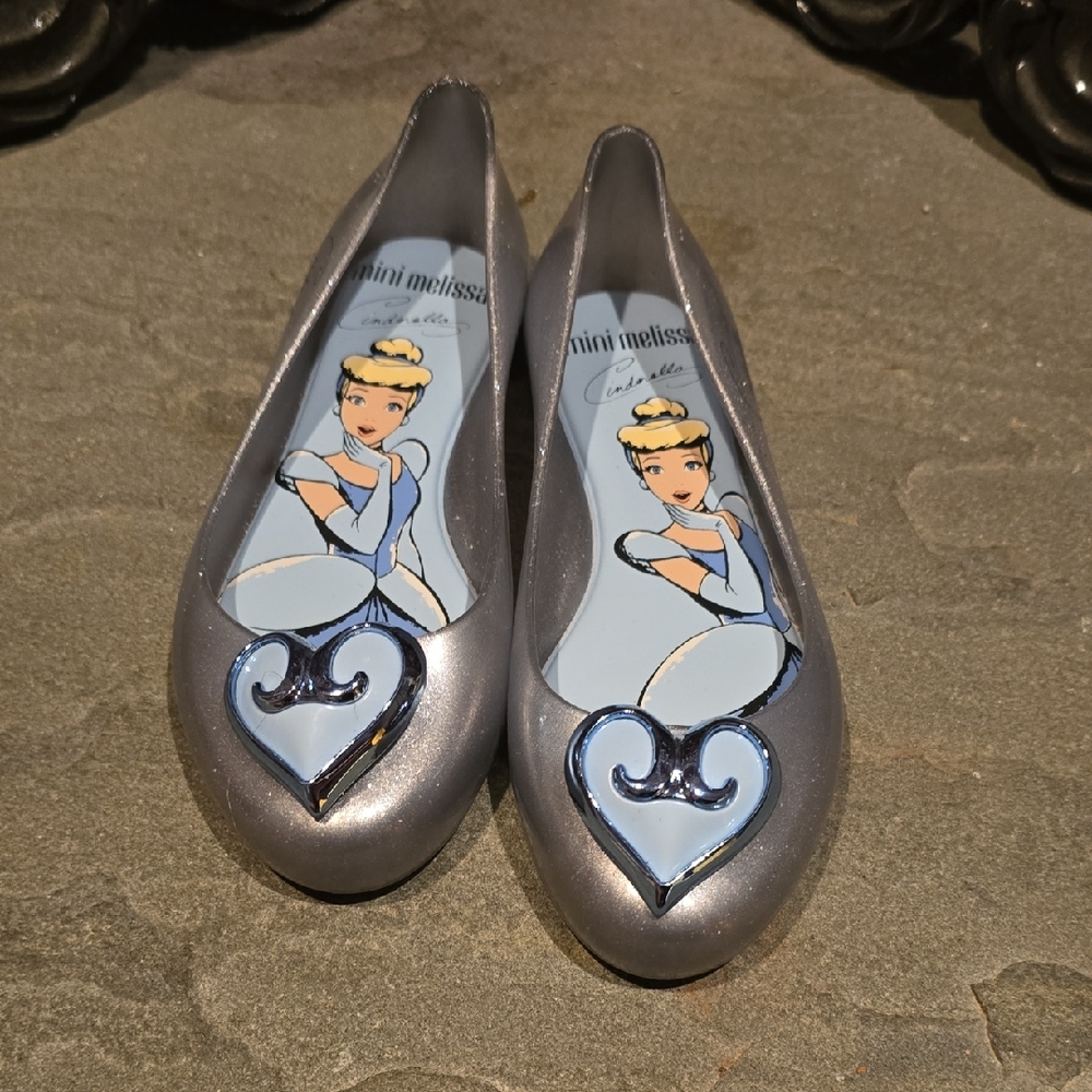Mini Melissa Disney Girl's Silver Cinderella Jelly Flats w/ Heart Detail Size 13